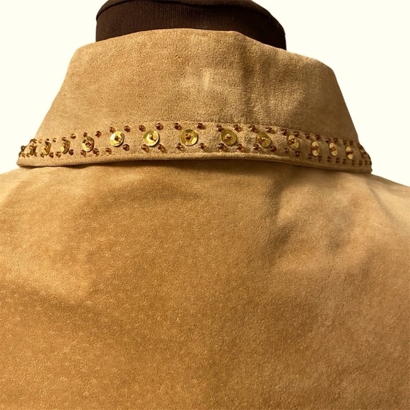 Tribal Suede Tan Leather Jacket With Gold Sequin & Beaded Trim, Womens size 10 - Picture 11 of 16